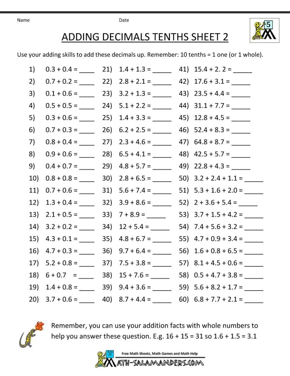 Math Worksheets For 5Th Grade Decimals