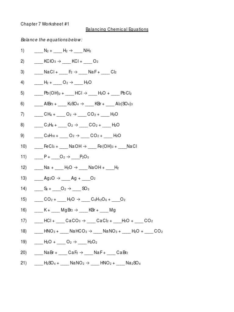 Balance Chemical Equations Worksheet Doc