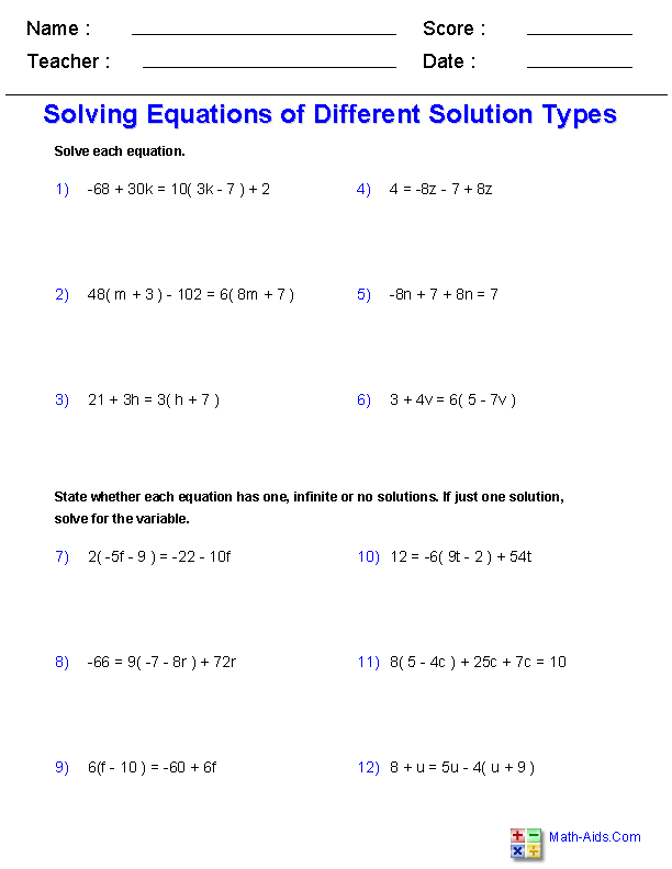 Solving Equations Worksheets 6Th Grade