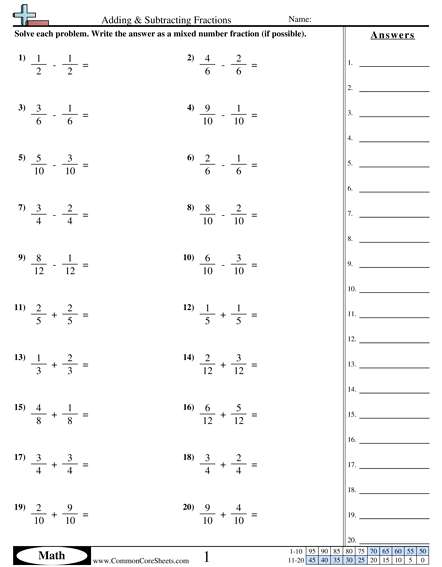 Adding Fractions Worksheets With Answers