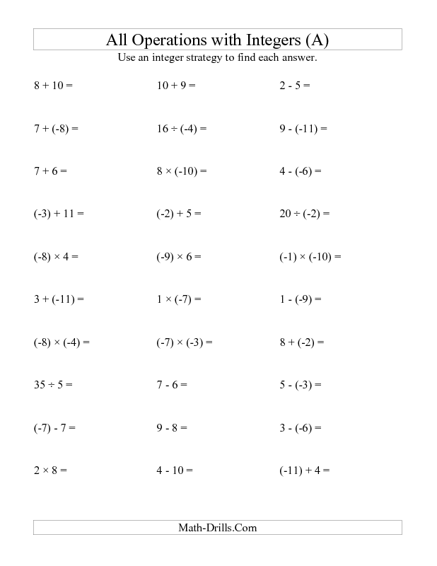7th Grade Operations With Integers Worksheet