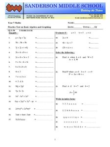 Year 7 Basic Algebra and Graphing Practice Test Numbers Equations