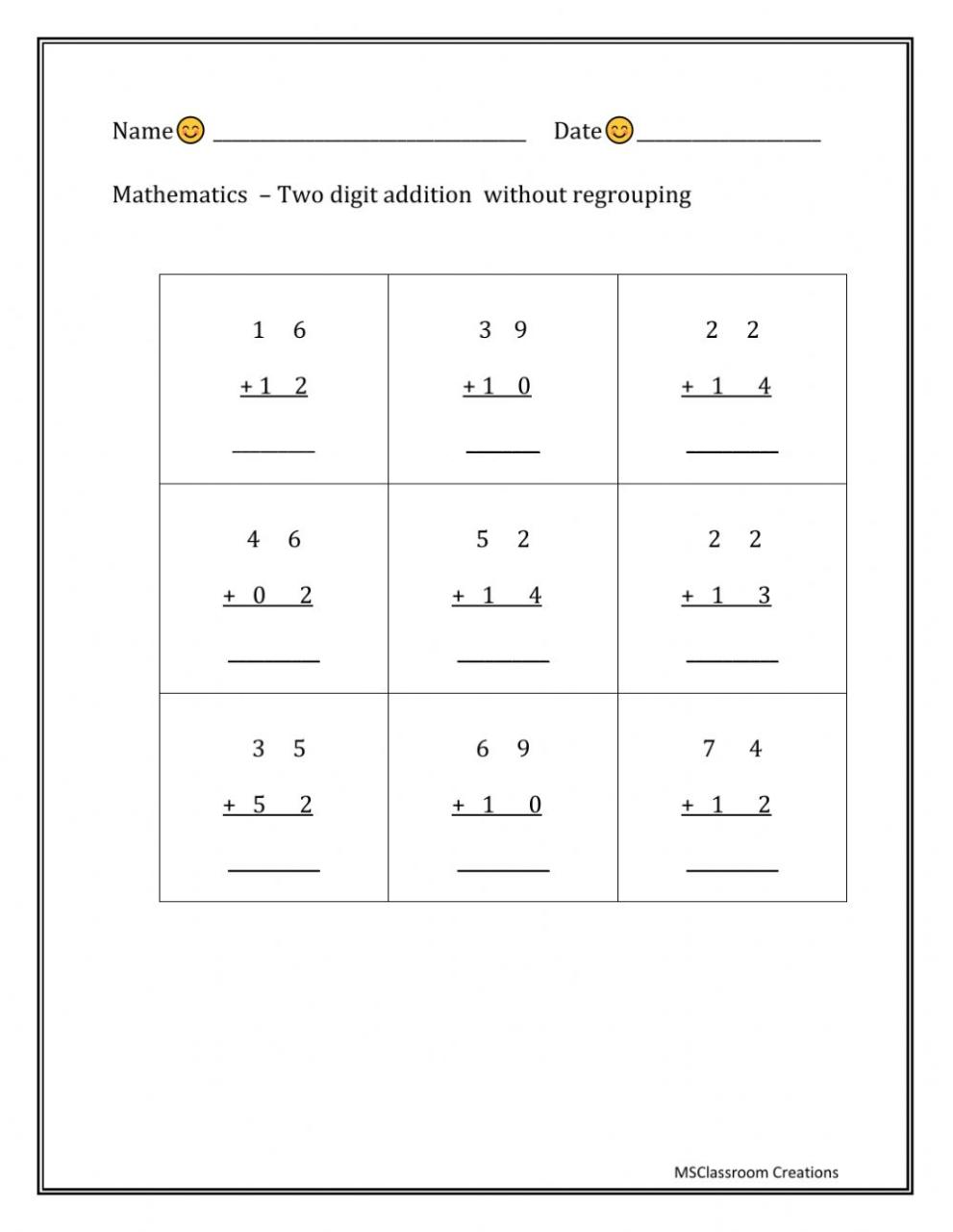 Addition Without Regrouping Worksheets Pdf