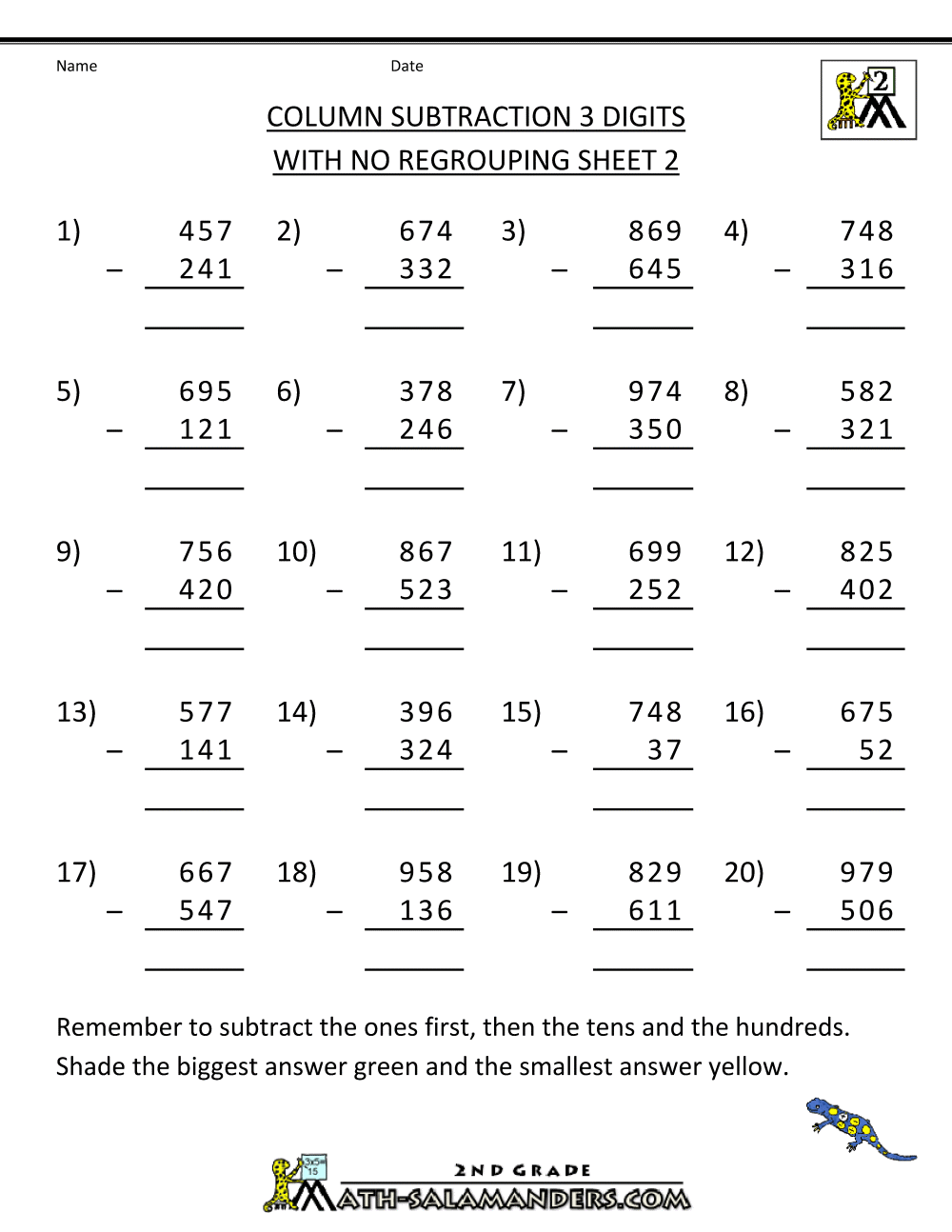 Subtraction Without Regrouping Worksheets Grade 3 Addition and