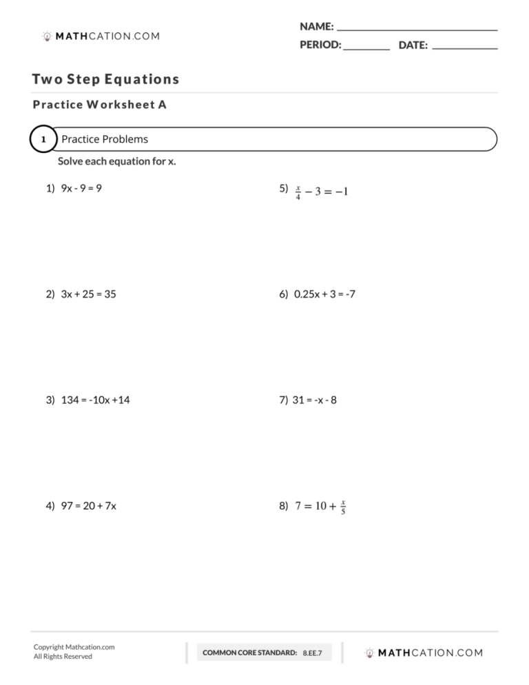 One And Two Step Linear Equations Worksheets