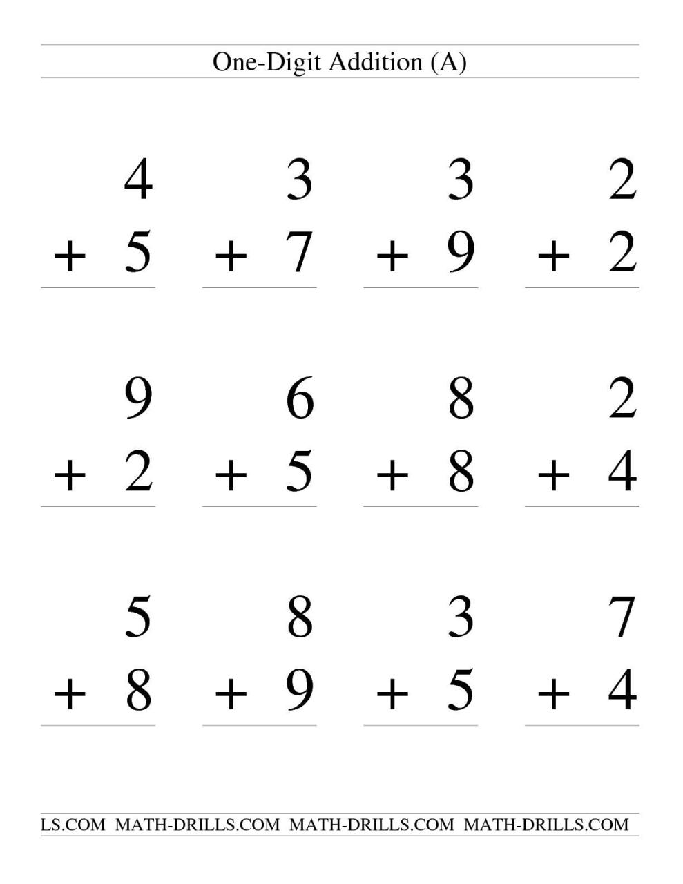 Single Digit Addition Some Regrouping 12 per page (A) Addition