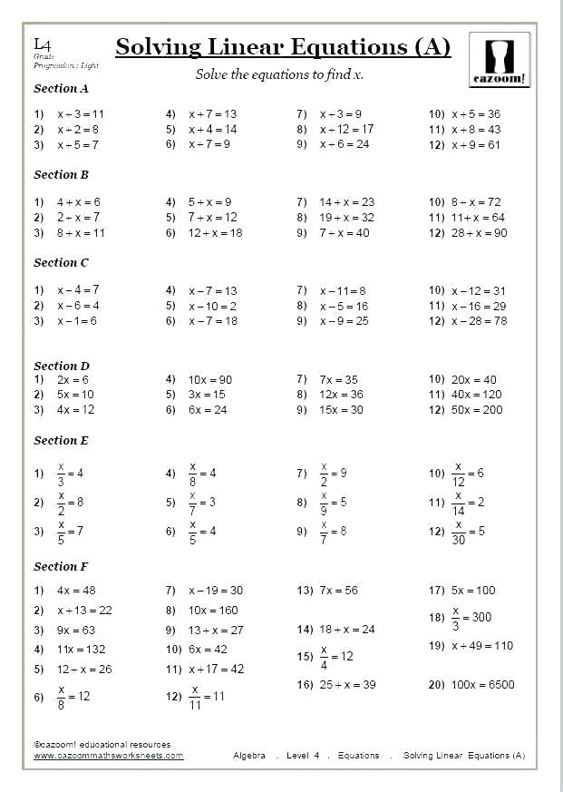 Equations Worksheet Grade 7