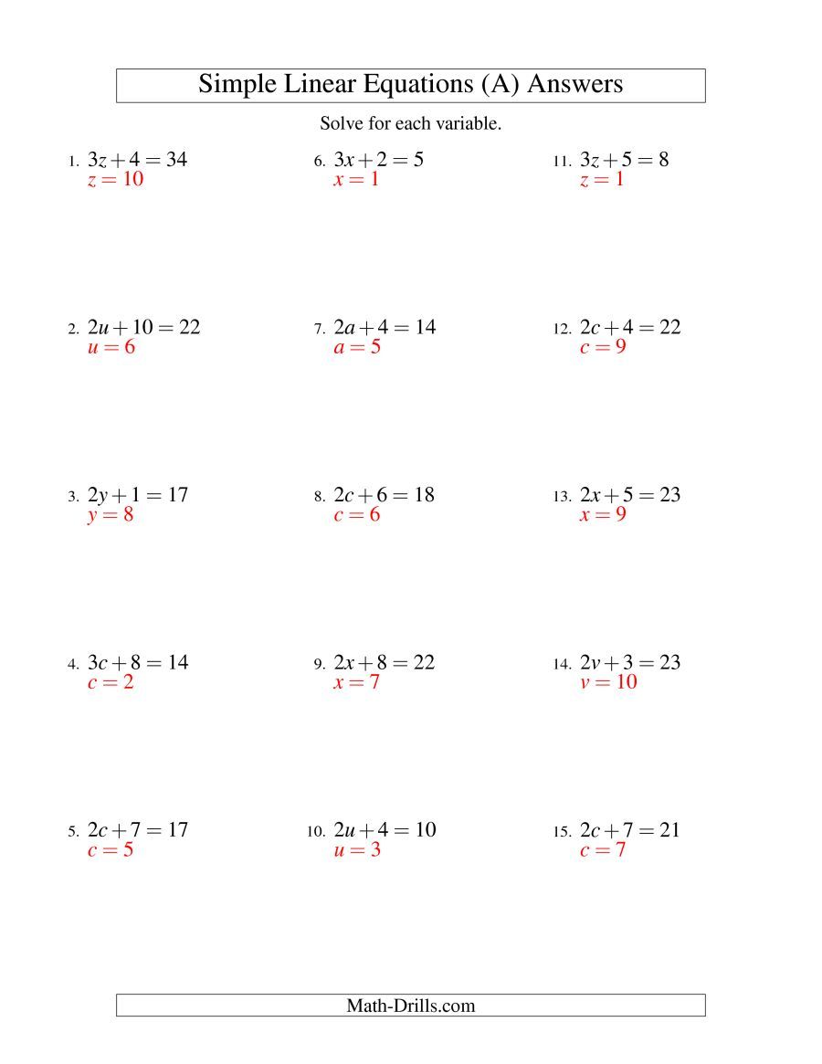 Linear Equations Worksheets Grade 6