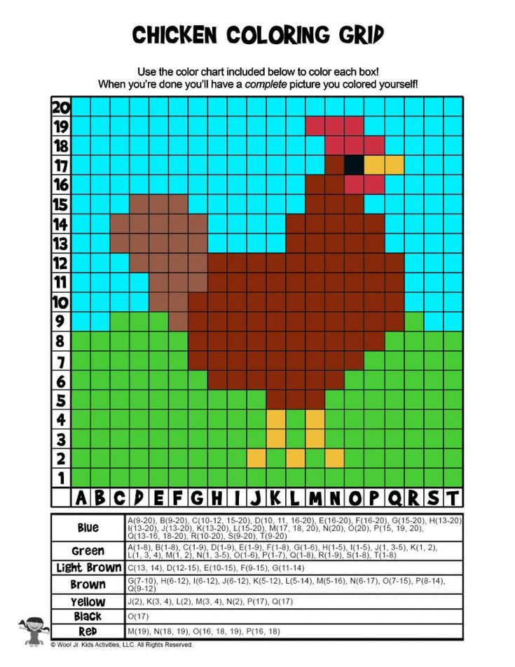 Chicken Coloring Grid Activity ANSWER KEY Woo! Jr. Kids Activities