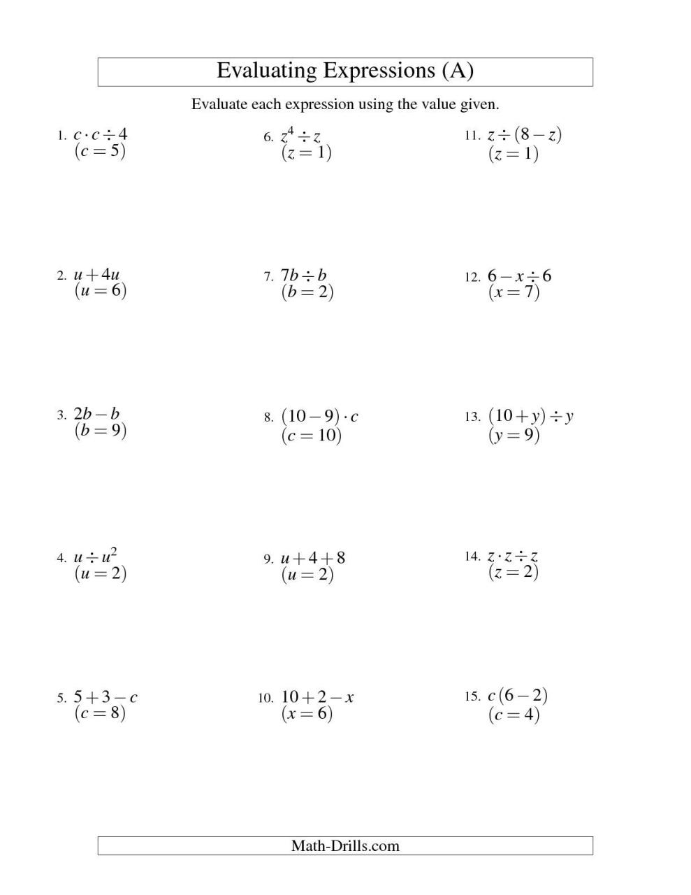 The Evaluating TwoStep Algebraic Expressions with One Variable (A
