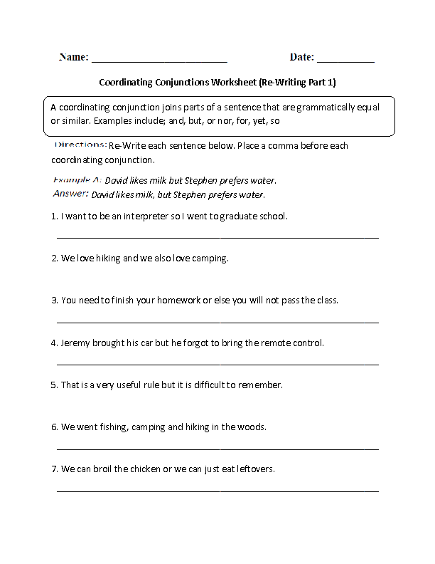 English Worksheets For Grade 5 Conjunctions