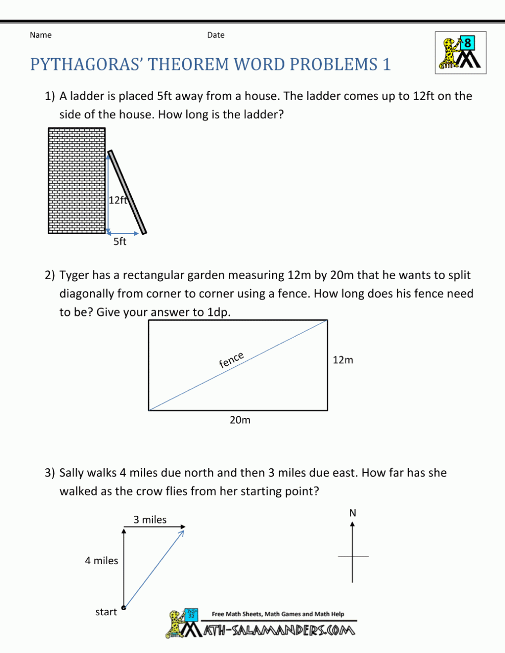 Pythagorean Theorem Problems Worksheet With Answers