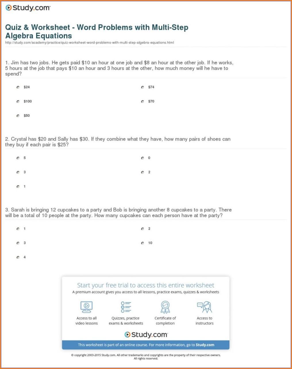 One Step Equations Worksheet Word Problems