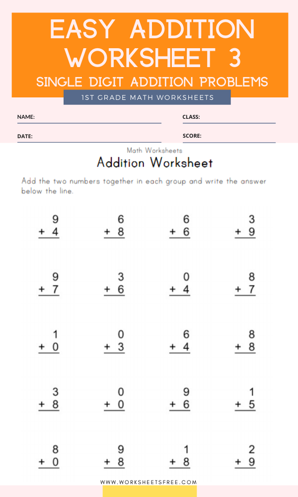 Easy Addition Worksheet 3 Grade 1 Single Digit Addition Problems