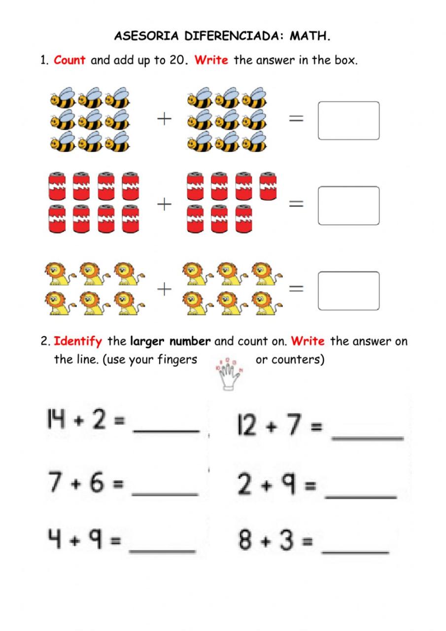 Addition Up To 20 Worksheets For Kindergarten