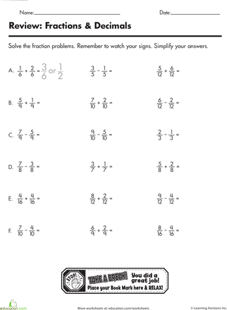 Subtracting Fractions Worksheets With Answers