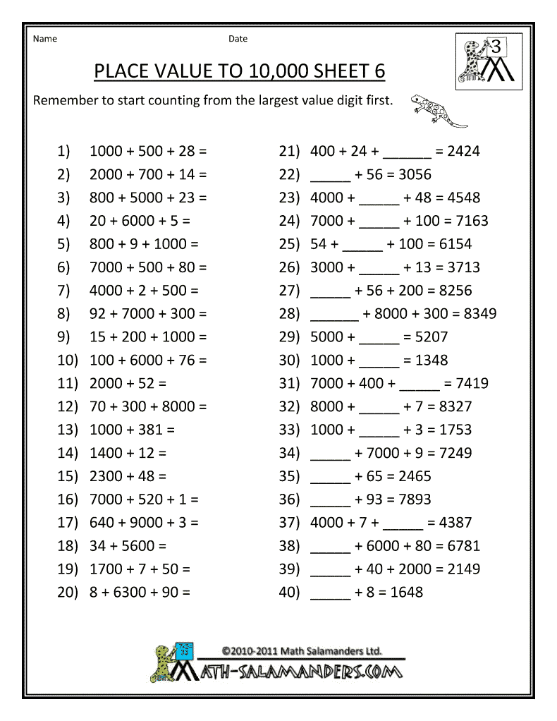 Place Value Worksheets 3rd Grade Printable