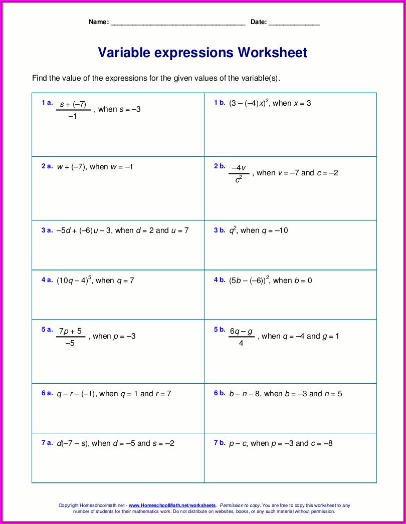 Algebraic Expressions 4Th Grade Worksheets