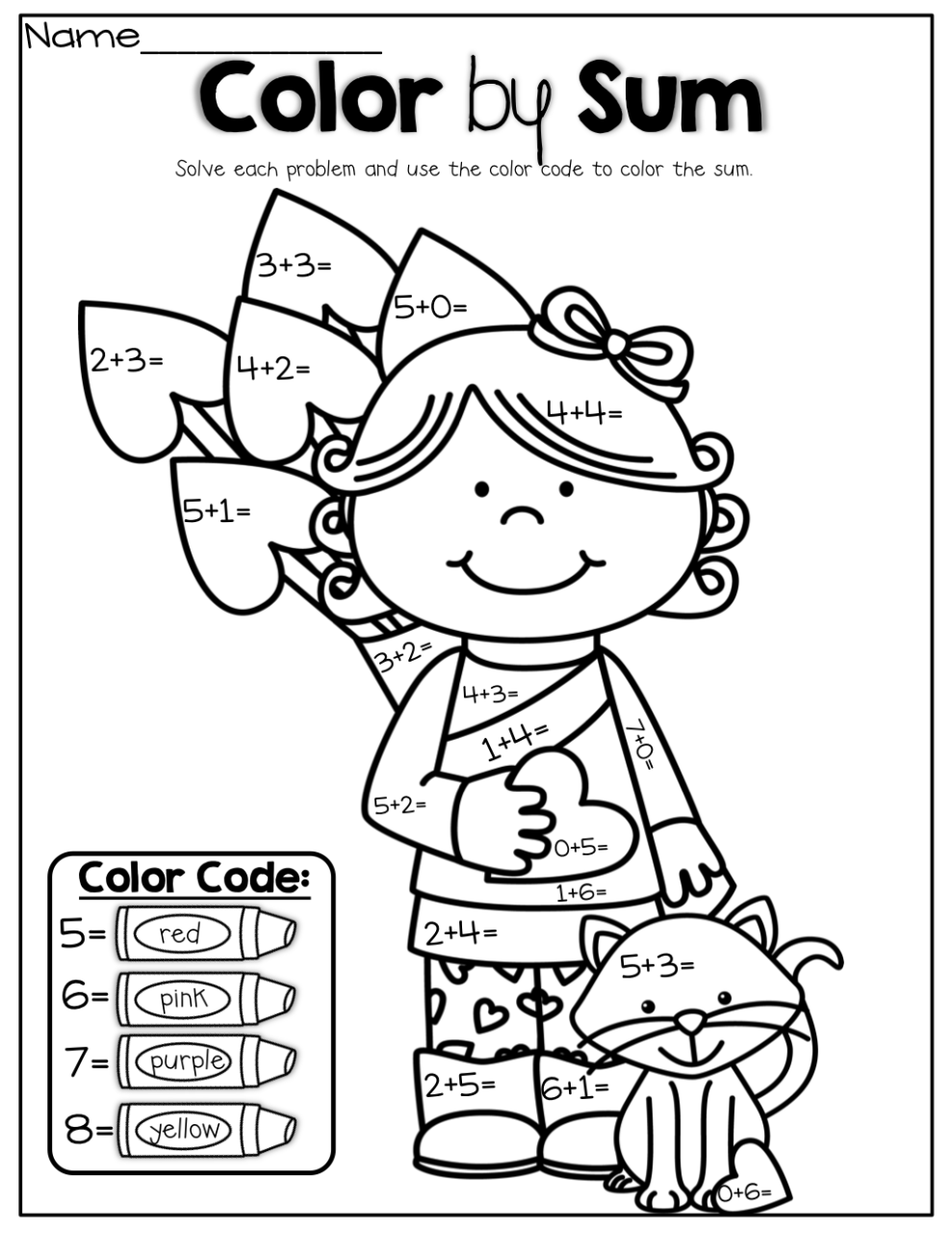 Color by Sum (addition up to 8) Kindergarten valentines, Kindergarten