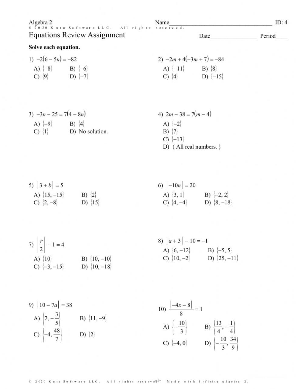 Solving Equations and Inequalities w Absolute Value worksheet