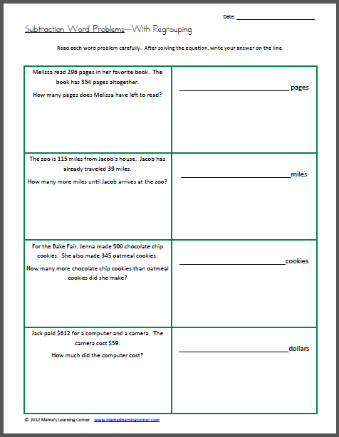 Word Problem Subtraction Worksheets For Grade 4