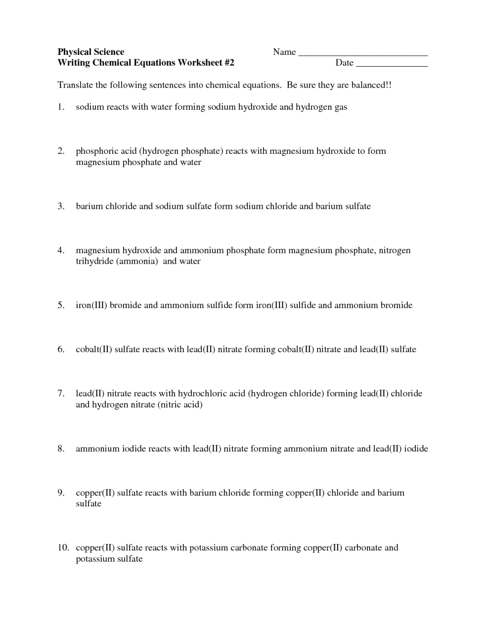 Balancing Equations Worksheet Pdf With Answers