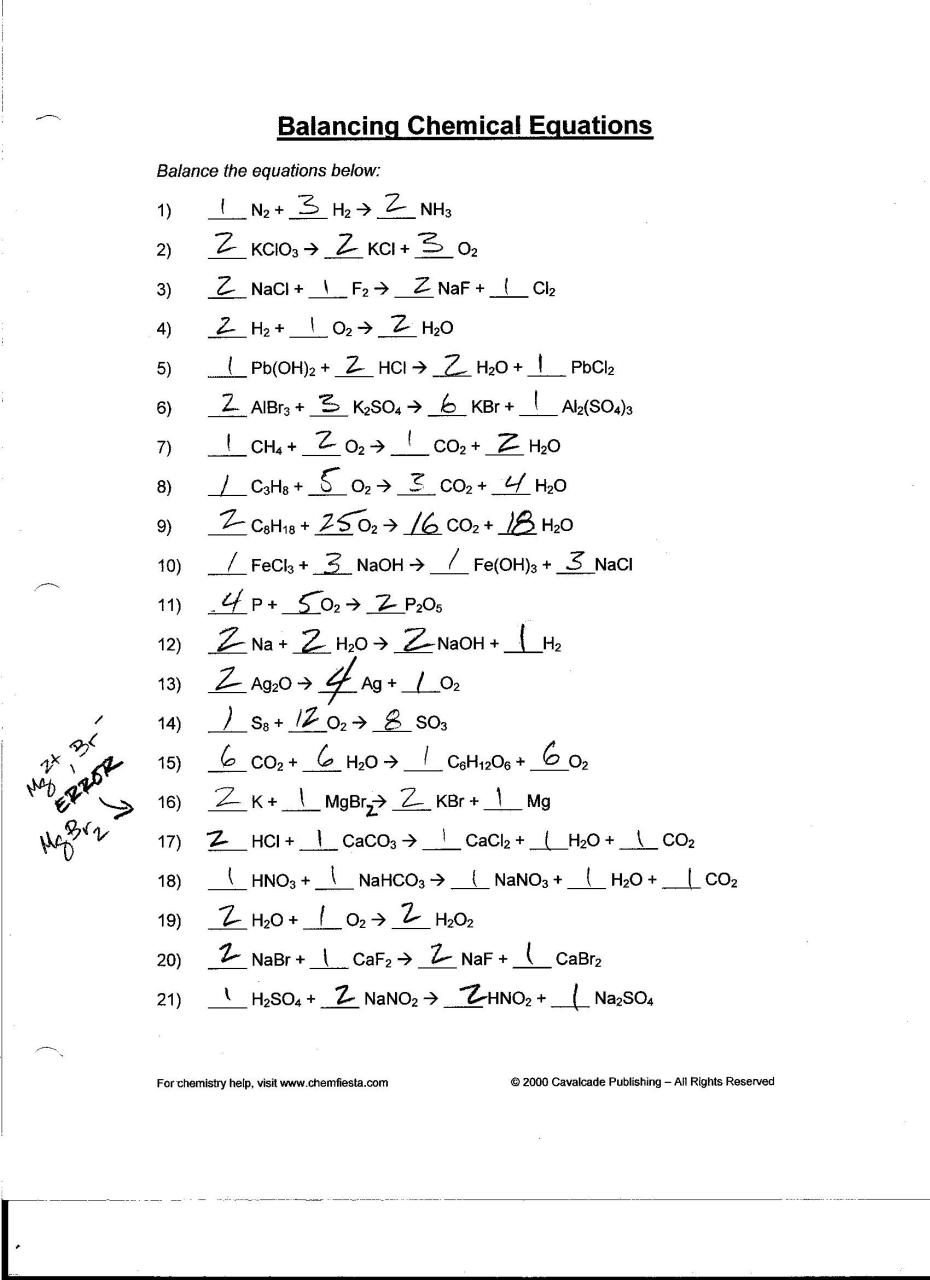 Balancing Chemical Equations Worksheet Grade 9 With Answers