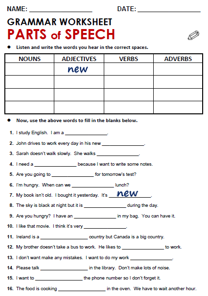 English Worksheets For Grade 4 Parts Of Speech