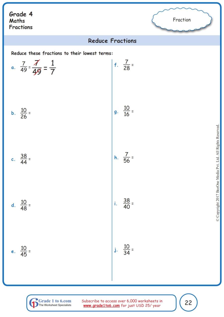 Math Worksheets Grade 4 Fractions