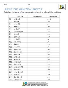 printable algebra worksheet solve the equation 2 Algebra worksheets