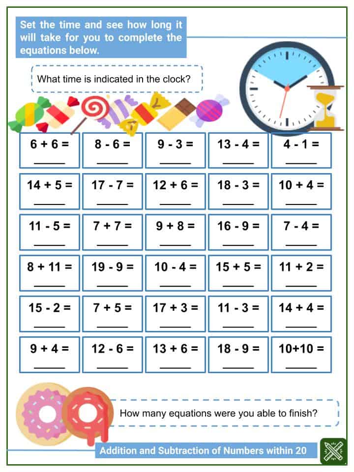 Addition and Subtraction of Numbers within 20 1st Grade Math Worksheets
