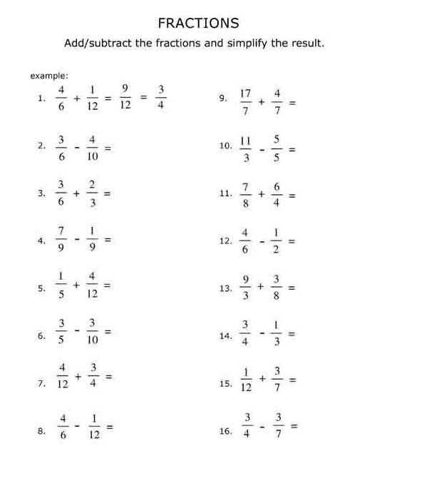 Printable Math Worksheets Adding And Subtracting Fractions