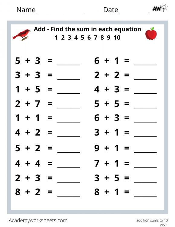 Addition Within 10 Worksheets Free