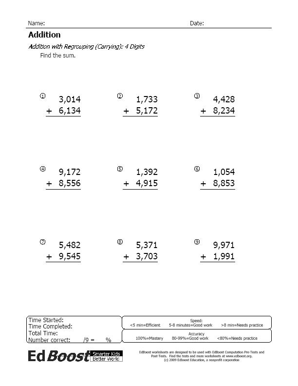 Addition Worksheets Regrouping 4 Digit