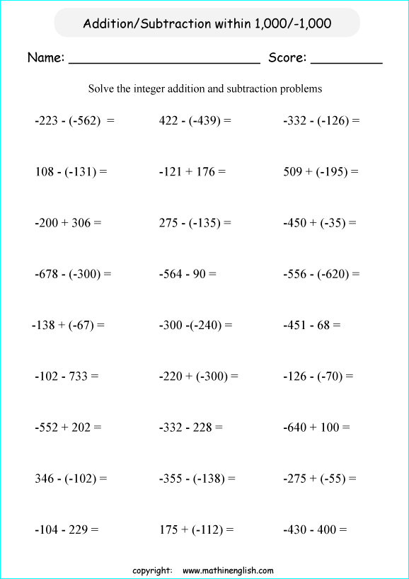 Free Worksheets On Addition And Subtraction Of Integers