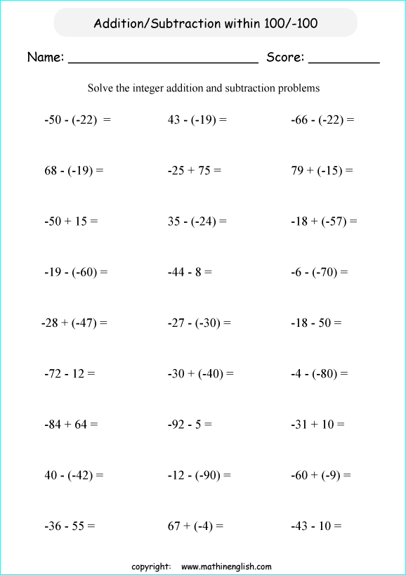 Math addition and subtraction of integers worksheet from 100 to 100