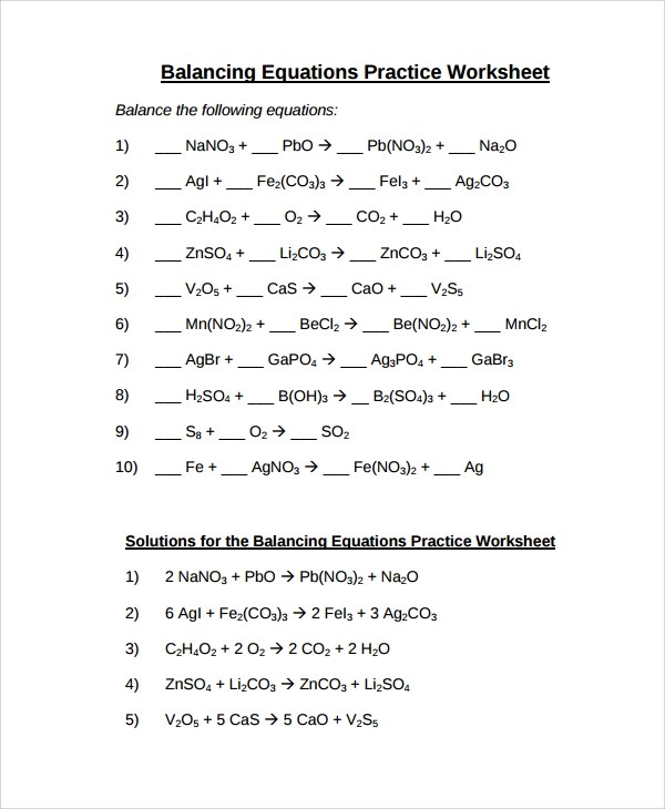 FREE 9+ Sample Balancing Equations Worksheet Templates in PDF MS Word