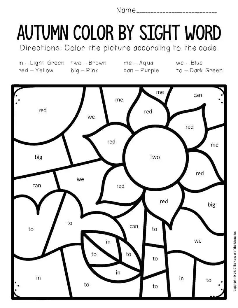 Color by Sight Word Fall Preschool Worksheets Sunflower The Keeper of