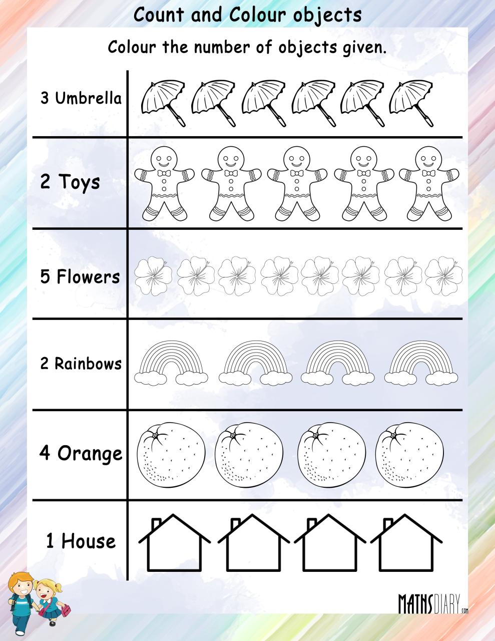 Color the given number of objects Math Worksheets