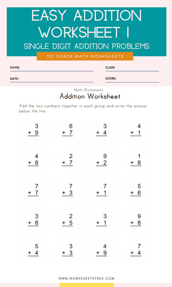Easy Addition Worksheet 1 Grade 1 Single Digit Addition Problems