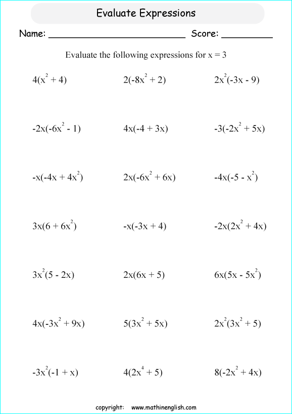 Worksheets For Algebraic Expressions