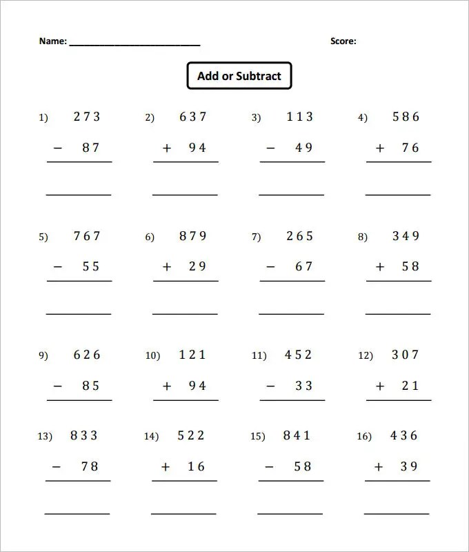 Worksheet Addition And Subtraction