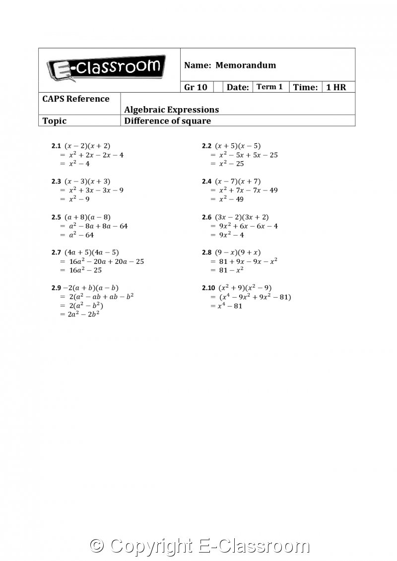 Grade 10 English Mathematics Term 1 Algebraic Expressions E