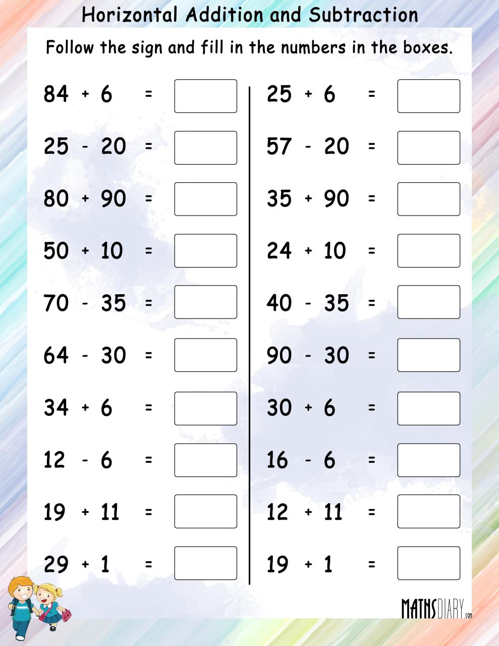 Addition And Subtraction Sheet For Grade 1