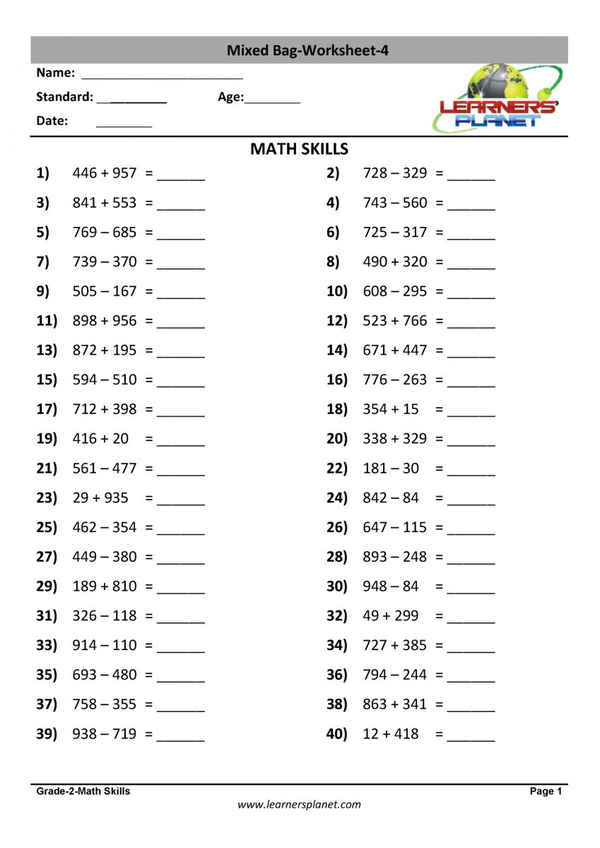 Math Worksheets Addition Subtraction And Multiplication