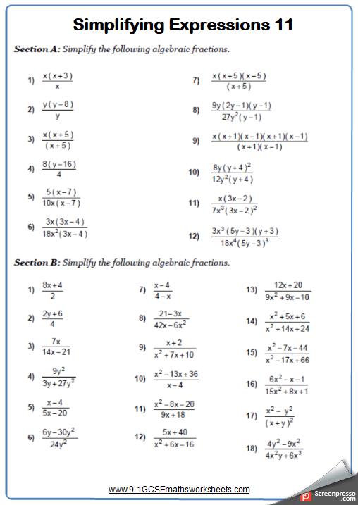 Simplifying Algebraic Expressions Worksheets Year 8