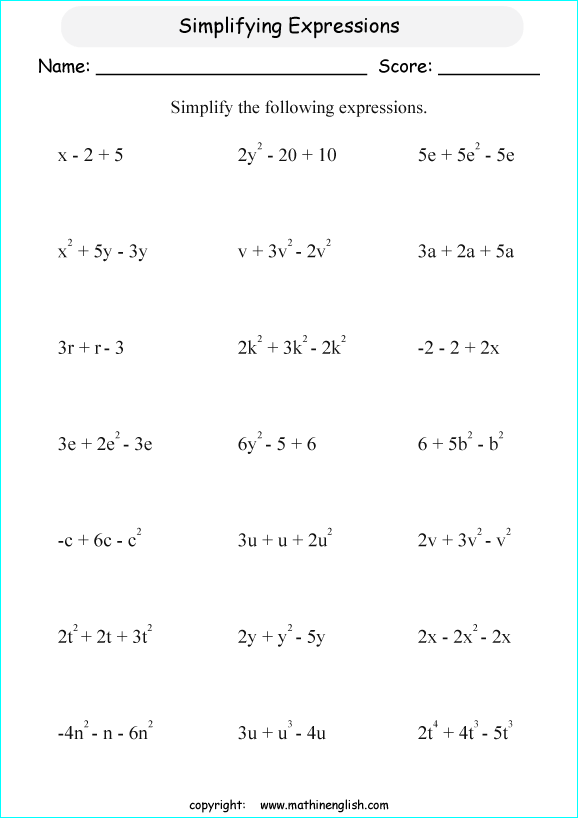 Algebraic Expression Worksheet Grade 6 Pdf