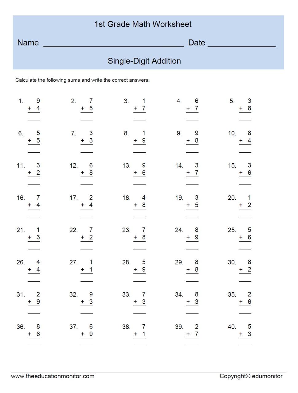Addition Practice Worksheets Free