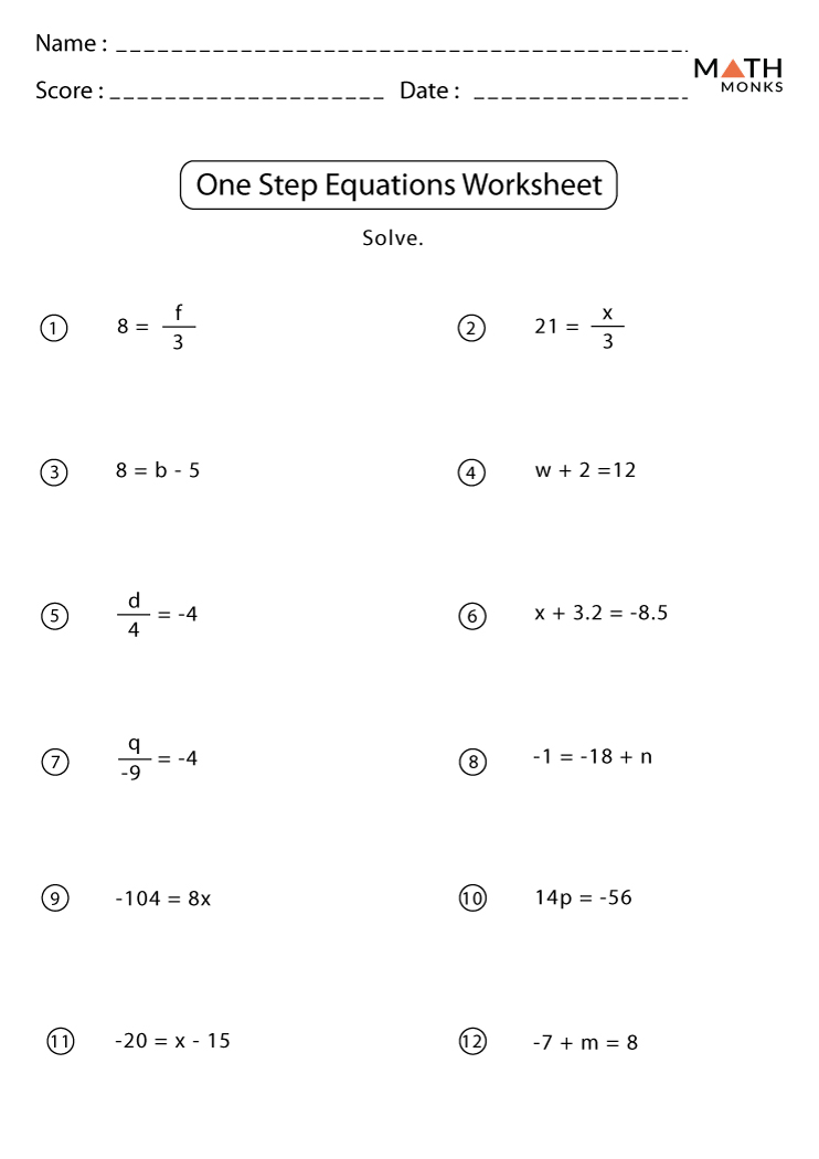 One Step Equation Worksheet Pdf