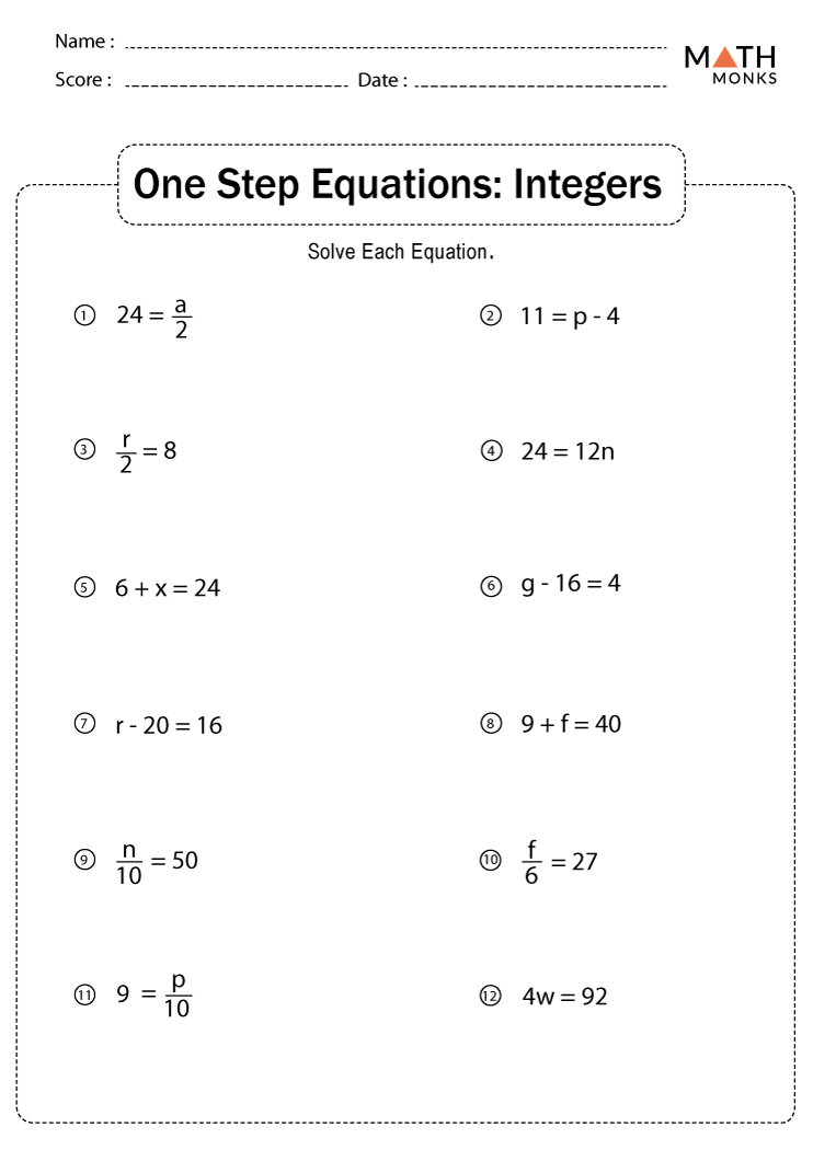 One Step Equations Worksheet Pdf Free